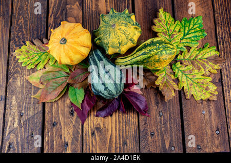 Dekoration Kürbisse auf hölzernen Hintergrund mit Blätter im Herbst Stockfoto