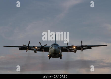 Eine japanische Marine Self Defence Force (JMSDF) Lockheed C-130R Hercules flog in der Nähe der NAF Atsugi Luftwaffenbasis. Kanagawa, Japan. Stockfoto