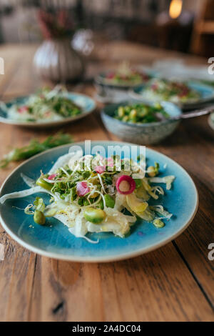 Rettich Salat mit roten Zwiebeln, Edamame Bohnen und Sojasprossen Stockfoto