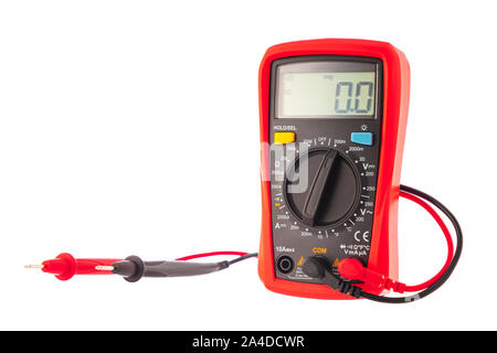 Multimeter prüfen Strom Spannung auf weißem Hintergrund. Stockfoto