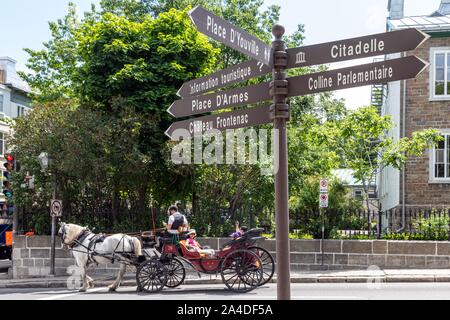 Kutschen UND FÜR TOURISTEN VOR DER ZEICHEN, DIE AUF DIE VERSCHIEDENEN ORTE VON INTERESSE (Place d'Armes, die Zitadelle, CHATEAU FRONTENAC, touristische Informationen, ...), der RUE D'Auteuil, STADT VON QUEBEC, KANADA Stockfoto