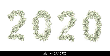 2020 Mit 100 Dollar Banknoten geschrieben isoliert auf weißem Hintergrund Stockfoto