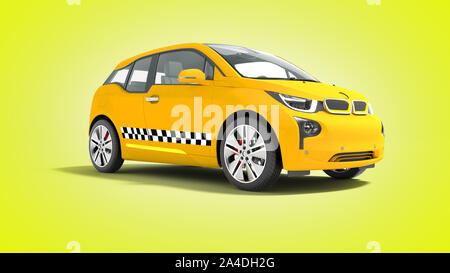 Gelbes taxi Elektroauto isoliert 3D-Render auf gelbem Hintergrund mit Schatten Stockfoto