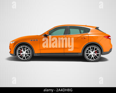 Moderne orange Auto Crossover für Geschäftsreisen Seitenansicht 3D-Rendering auf grauem Hintergrund mit Schatten Stockfoto