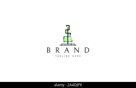 Vektor Logo, auf dem ein abstraktes Bild von einer Kiefer aus den Linien gebildet und farbigen Quadraten. Stock Vektor