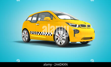 Gelbes taxi Elektroauto isoliert 3D-Render auf blauem Hintergrund mit Schatten Stockfoto