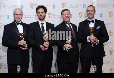 Foto muss Gutgeschrieben © Karwai Tang/Alpha Presse 076875 10/02/2013 Donald R. Elliott, Guillaume Rochreon, Bill Westenhofer und Erik-Jan De Boer, Gewinner der besondere Preis für visuelle Effekte EE BAFTA British Academy Film Awards 2013 Royal Opera House London Stockfoto