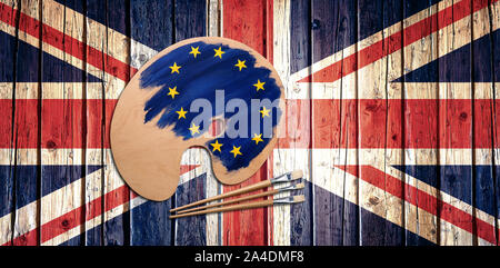 Holz- künstler Palette beladen mit europäischen Flagge Farben und Pinsel auf Großbritannien Flagge Tabelle - Konzept für Brexit Stockfoto