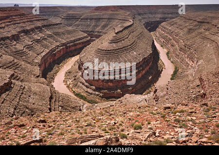 Ein Blick auf die Schwanenhälse des San Juan Rivers Goosenecks State Park, Utah, USA Stockfoto