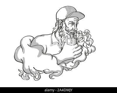 Tattoo Cartoon Stil Zeichnung Abbildung eines bärtigen Hipster Vaping puffing Rauch Rauchen elektronische Zigarette oder vaper auf isolierten Hintergrund durchgeführt Stockfoto