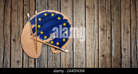 Holz- künstler Palette beladen mit europäischen Flagge Farben und Pinsel auf rustikalen Tisch-Konzept für Brexit Stockfoto