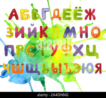 Lustig der russische Buchstaben, Hand gezeichnet Alphabet mit aquarellstifte auf Aquarell. Gute Sachen für Kinder Stockfoto