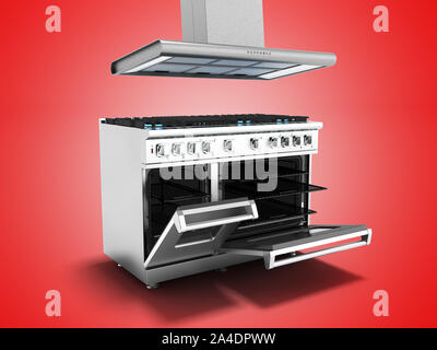Metal Gas Herd- und Gasvorkommen Backofen mit Kapuze 3D-Rendering auf rotem Hintergrund mit Schatten Stockfoto