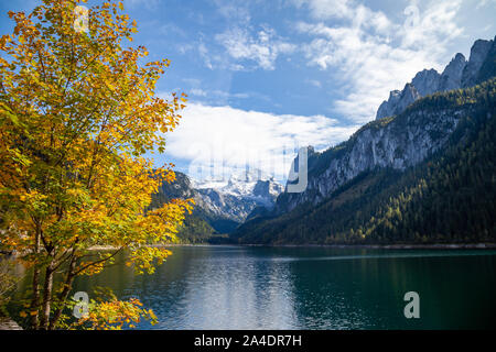 Mount Dachstein von berühmten Lake Gosau, Österreich gesehen. Eine bunte Herbst Spektakel in den Alpen mit einem gelben, orange Ahorn schön Illu Stockfoto