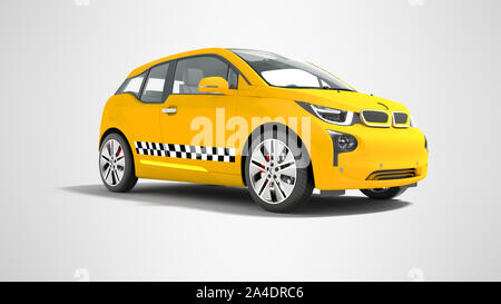 Gelbes taxi Elektroauto isoliert 3D-Render auf grauem Hintergrund mit Schatten Stockfoto
