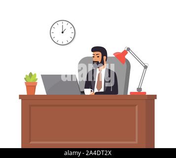 Chef im Anzug Arbeiten am Laptop. Mann im Amt. Tisch, Stuhl, Topfpflanze, Uhr und Lampe. Büro Interieur. Vector Illustration Stock Vektor