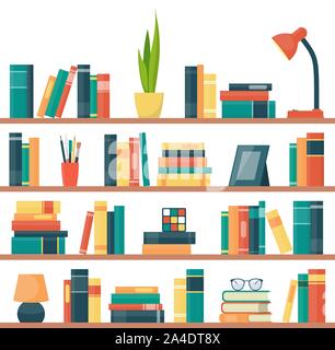 Buchen Sie Regale mit Büchern und anderen Objekten. Buch, Lampe, Topfpflanze, Bilderrahmen, Rubik's Cube, Gläser. Vector Illustration im flachen Stil Stock Vektor