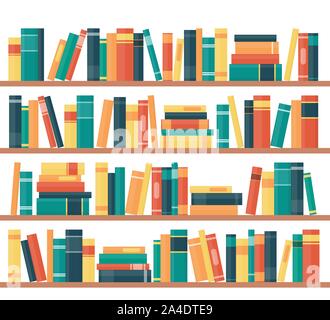 Regale mit bunten Buchrücken. Bücher im Regal. Vector Illustration im flachen Stil Stock Vektor