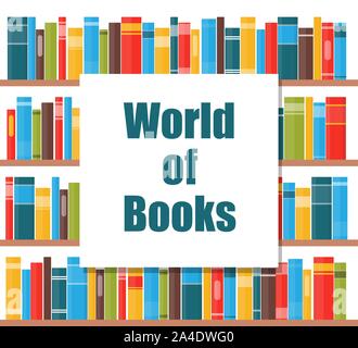 Welt der Bücher Konzept. Regale mit bunten Buchrücken. Bücher im Regal. Vector Illustration im flachen Stil Stock Vektor