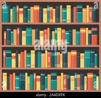Bücherschrank. Regale mit bunten Buchrücken. Vector Illustration im flachen Stil Stock Vektor