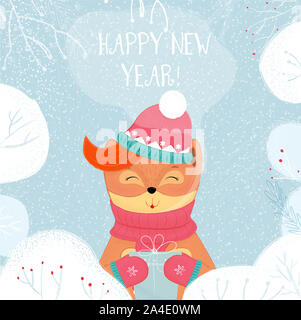 Frohes Neues Jahr Grußkarten Winter Fuchs Holding verpackt Geschenkkarton. Kawai Baby Fox in Schal, Mütze und Handschuhe Betrieb vorhanden auf Verschneiten Hintergrund. Cartoo Stockfoto