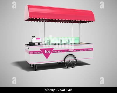 Moderne pink Trolley Kühlschrank mit Eis in verschiedenen Geschmacksrichtungen 3D-Render auf grauem Hintergrund mit Schatten Stockfoto