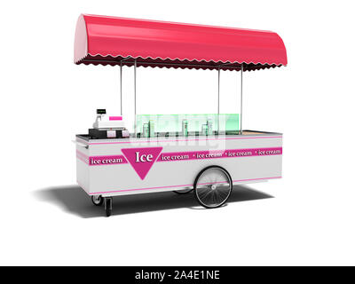 Moderne pink Trolley Kühlschrank mit Eis in verschiedenen Geschmacksrichtungen 3D-Render auf weißem Hintergrund mit Schatten Stockfoto