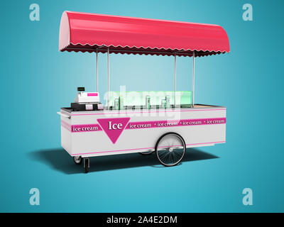 Moderne pink Trolley Kühlschrank mit Eis in verschiedenen Geschmacksrichtungen 3D-Render auf blauem Hintergrund mit Schatten Stockfoto