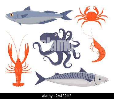 Fisch und Meeresfrüchte. Lachs, Krabben, Hummer, Tintenfisch, Garnelen, Makrele im flachen Stil. Fisch und Meeresfrüchte werden Symbole für Restaurant Menü Vector Illustration Stock Vektor