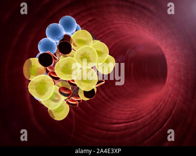 Innerhalb des Blutgefäßes, hochwertige 3D-Render von Blutzellen, Cholesterin im Blut Stockfoto