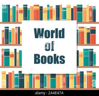 Welt der Bücher Konzept. Regale mit bunten Buchrücken. Bücher im Regal. Vector Illustration im flachen Stil Stock Vektor