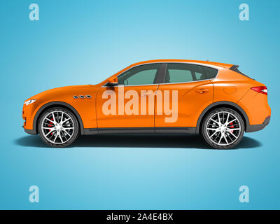 Moderne orange Auto Crossover für Geschäftsreisen Seitenansicht 3D-Rendering auf blauem Hintergrund mit Schatten Stockfoto