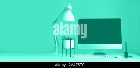 Designer Arbeitsbereich auf mint Farbe Hintergrund. Minimalistischer Home Office. Trendy Grün und Türkis. Tastatur, Maus, Bildschirm schwarz Stockfoto