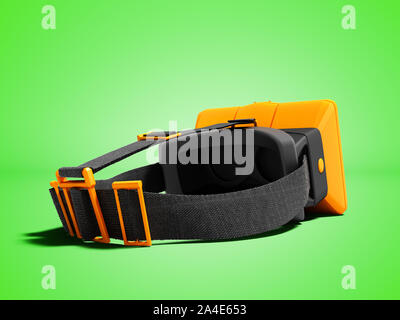 Moderne orange virtual reality Brillen auf Riemen zur Befestigung am Kopf 3D-Render auf grünem Hintergrund mit Schatten Stockfoto