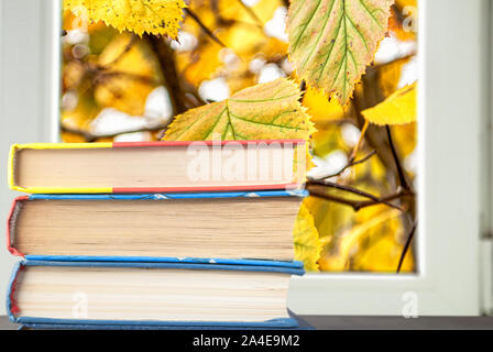 Bücher auf dem Hintergrund der Herbst gelbe Blätter hinter dem Fenster Rahmen für den Hintergrund Stockfoto