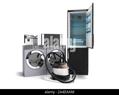 Haushaltsgeräte Kühlschrank Mikrowelle Waschmaschine Staubsauger Waschmaschine mit Trockner Fritteuse 3D-Render auf weißem Hintergrund mit Schatten Stockfoto