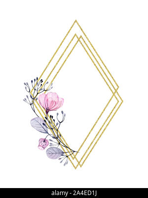 Aquarell Transparent Rose Raute Rahmen mit goldenen Glitter. Vertikale Anordnung mit Blumen, Blätter, lila Beeren und glänzende Folie. Von Hand bemalt Stockfoto