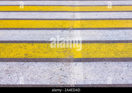 Zebrastreifen. Gelb und Weiß Zebra Zebrastreifen im Sommer tagsüber. Stockfoto