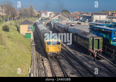 Lokomotiven am Bahnhof Swanage, Dorset, Großbritannien Stockfoto