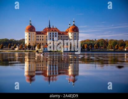 Moritzburg, Deutschland. 14 Okt, 2019. Schloss Moritzburg, das ehemalige Jagdschloss der Wettiner, im Wasser der Schlossteich wider. Mit Temperaturen von 25 Grad und Sonnenschein im Herbst Wetter in Sachsen seine schönen Seite zeigt. Credit: Jens Büttner/dpa-Zentralbild/ZB/dpa/Alamy leben Nachrichten Stockfoto