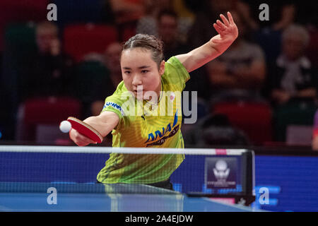 Bremen, Deutschland. 13 Okt, 2019. Mima ITO (JPN) mit Kugel, Single Action mit Kugel, Aktion, halb Bild, halb Abbildung, Frauen Singles Individuelle, Tischtennis, German Open 2019 in Bremen am 13.10.2019. | Verwendung der weltweiten Kredit: dpa/Alamy leben Nachrichten Stockfoto