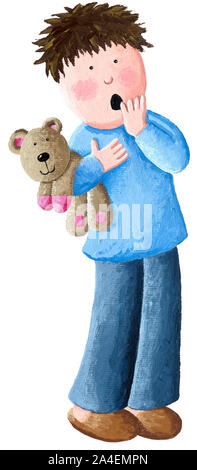 Acrylc Abbildung der verschlafenen kleinen Jungen mit weit geöffneten Mund gähnen Augen offen halten Teddybär, gelangweilt isoliert auf weißem Hintergrund Stockfoto