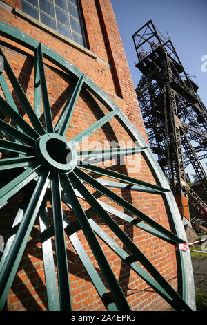 Förderturm Zahnrad an der Lancashire Mining Museum am Astley Green Colliery, Astley, nr Tyldesley, UK. Stockfoto