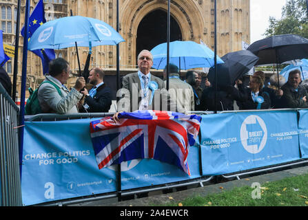 London, UK, 14. Oktober 2019. Brexit Partei Unterstützer mit Banner und Schilder außerhalb des Parlaments demonstrieren im Anschluss an die Ausführungen des von Ihrer Majestät Königin Elizabeth II. das Gesetzgebungsprogramm der Regierung vorgestellt. Credit: Amer ghazzal/Alamy leben Nachrichten Stockfoto