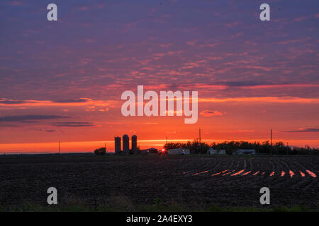 Eine ländliche Kansas Sonnenuntergang auf einer fram. Stockfoto