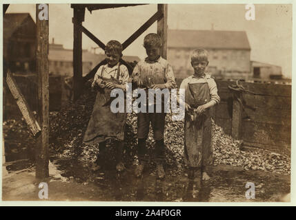 Drei Messer in Werk Nr. 7, Seeküste Canning Co., Faro, Me. Sie regelmäßig arbeiten, wann immer es gibt Fisch. (Beachten Sie die Messer sie verwenden.) Zurück, und unter den Füßen ist, verweigern. Auf der Rechten ist Grayson Forsythe, 7 Jahre alt. Mitte ist George Goodell, 9 Jahre alt, Finger schlecht geschnitten und verpackt. Sagte, das Salz wird zu den Schnitt. Sagte, er 1,50 $ einige Tage macht. Linkes Ende, Clarence Goodell, 6 Jahre, hilft, Bruder. Stockfoto