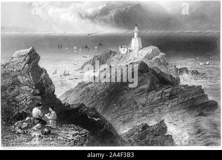 Eine Gravur der Mumbles Felsen und Leuchtturm (Swansea Bay) gescannt und in hoher Auflösung aus einem Buch im Jahre 1842 gedruckt. Glaubten copyright frei. Stockfoto