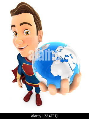 3d-Superheld holding Blue Earth, Illustration mit isolierten weißen Hintergrund Stockfoto