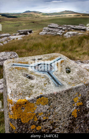 Ordnance Survey Triangulation Ladestabs Bodmin Moor Cornwall UK. Stockfoto