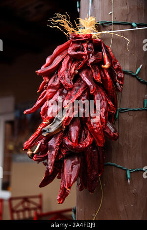 Ein Bündel von Chili peppers hängen in der Hitze der Sonne zu trocknen, Albuquerque, USA Stockfoto